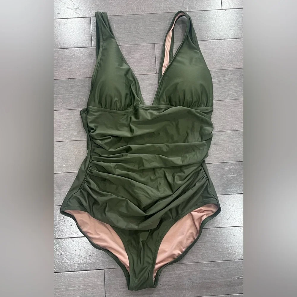 J. Crew Olive Green V-Neck Ruched One-Piece Swimsuit, Size 12 - Picture 3 of 7